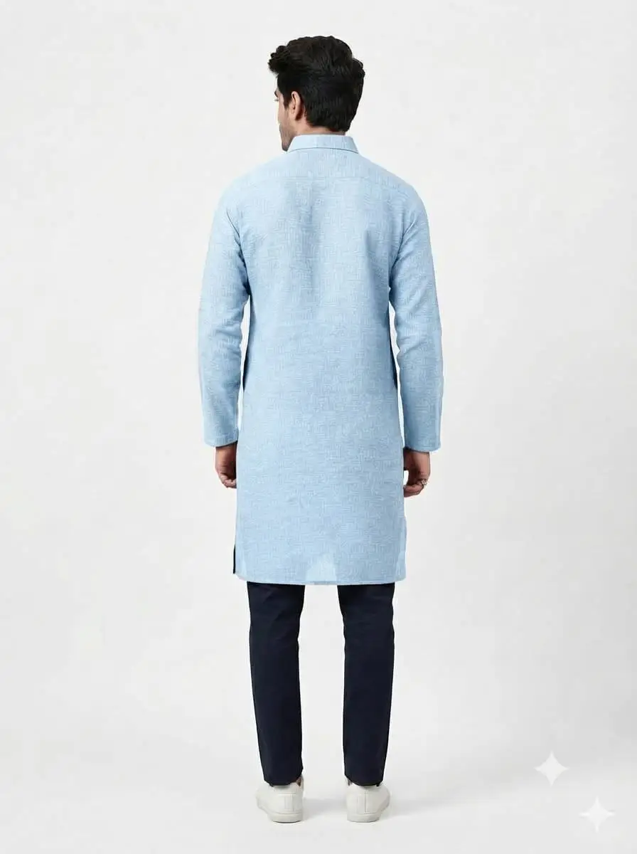 LCF PLAIN KHADI COTTON MENS KURTA - SKY BLUE view 2