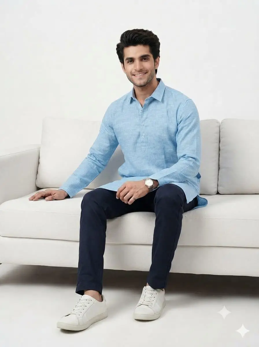 LCF PLAIN KHADI COTTON MENS KURTA - SKY BLUE view 3
