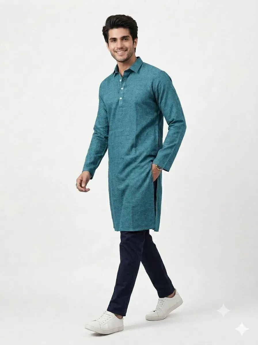 LCF PLAIN KHADI COTTON MENS KURTA - TEA GREEN view 2