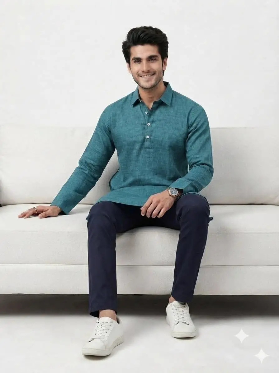 LCF PLAIN KHADI COTTON MENS KURTA - TEA GREEN view 4