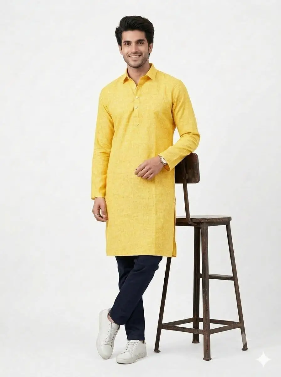 LCF PLAIN KHADI COTTON MENS KURTA - YELLOW view 2