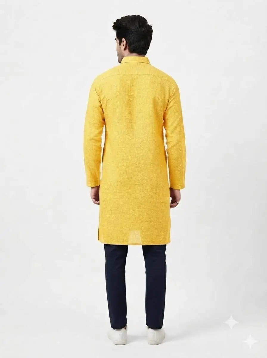 LCF PLAIN KHADI COTTON MENS KURTA - YELLOW view 3
