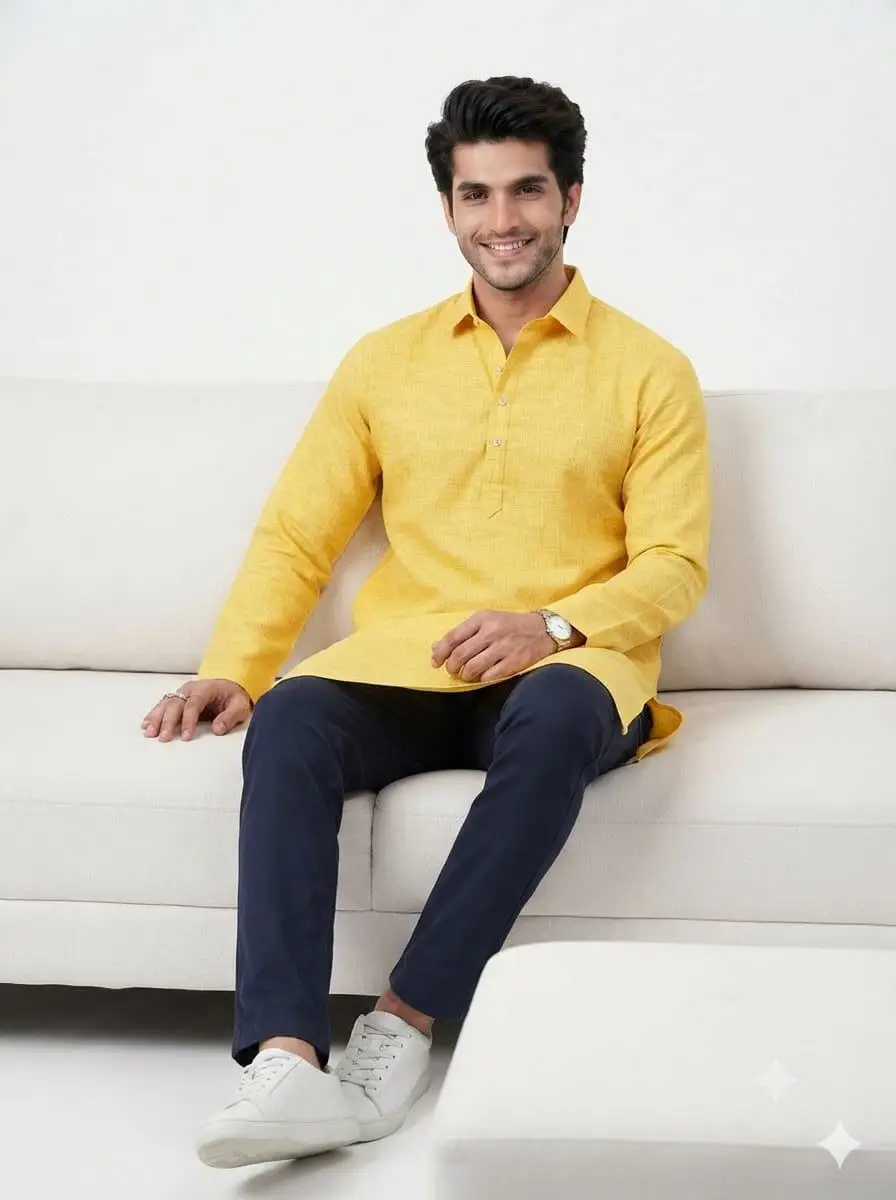LCF PLAIN KHADI COTTON MENS KURTA - YELLOW view 4