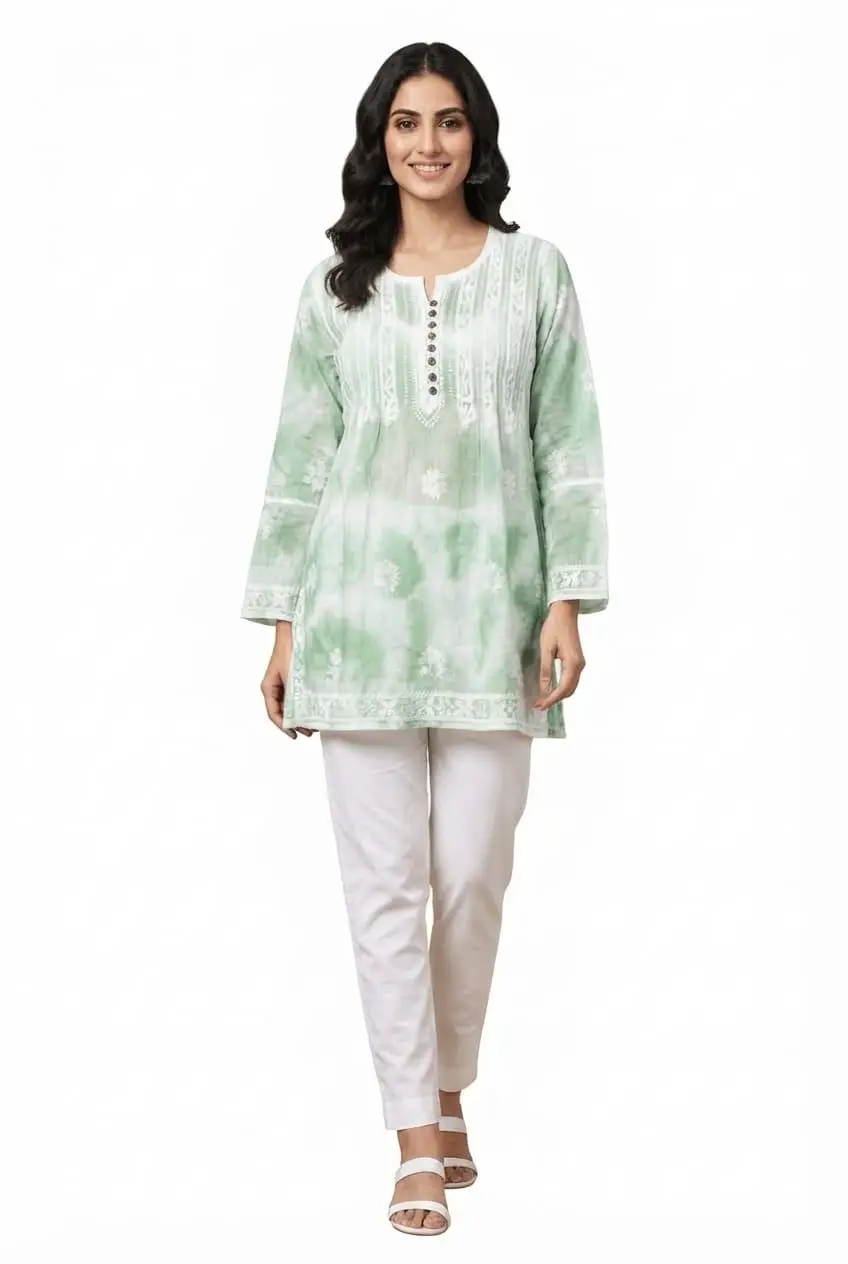 CHIKAN EMBROIDERY MAL COTTON FROCK STYLE TOP - GREEN view 2