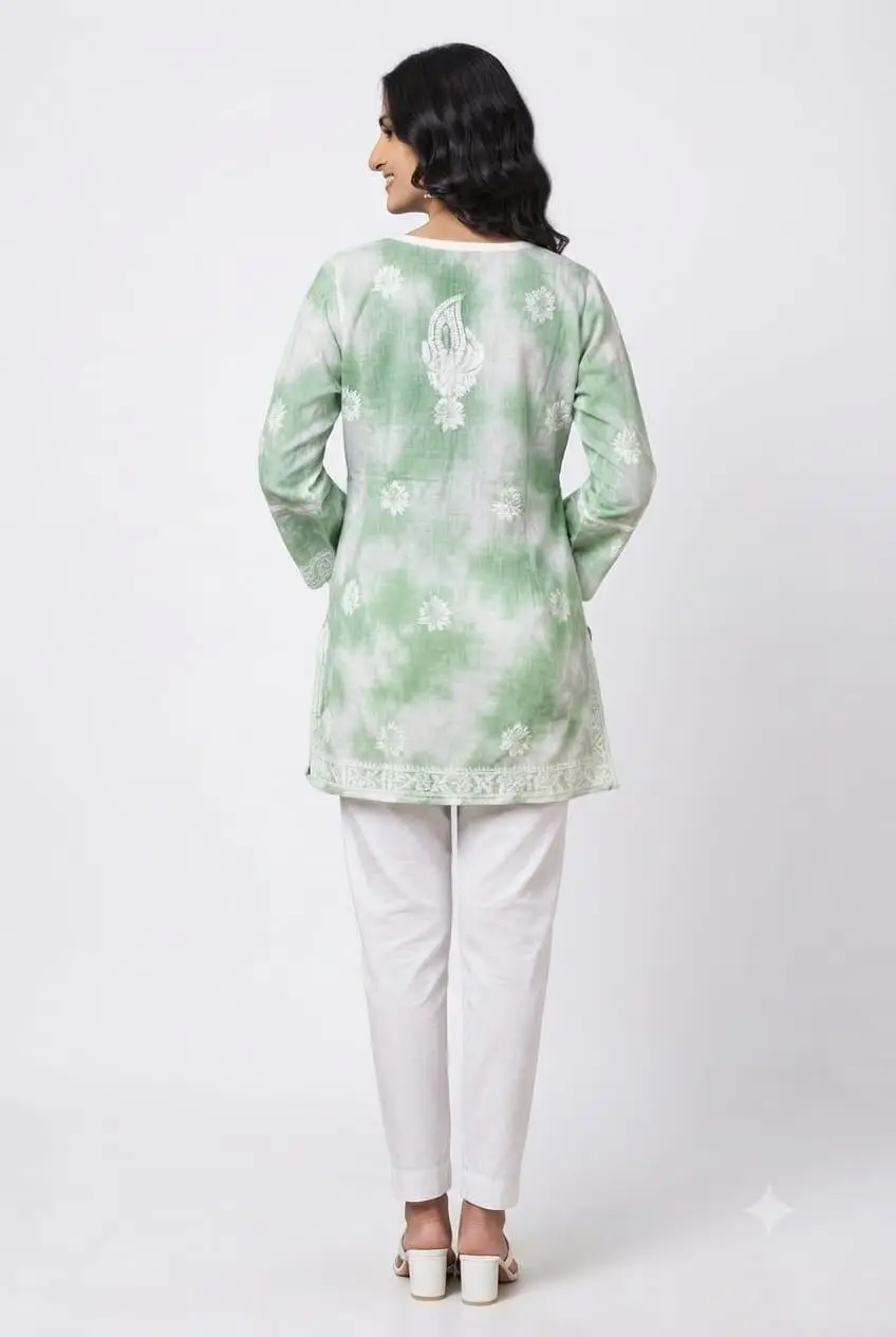 CHIKAN EMBROIDERY MAL COTTON FROCK STYLE TOP - GREEN view 3