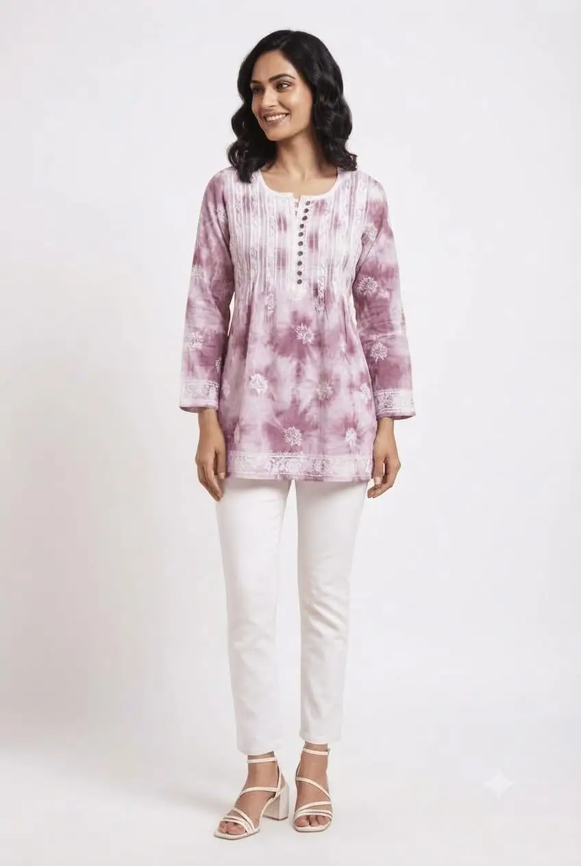 CHIKAN EMBROIDERY MAL COTTON FROCK STYLE TOP - PURPLE view 2