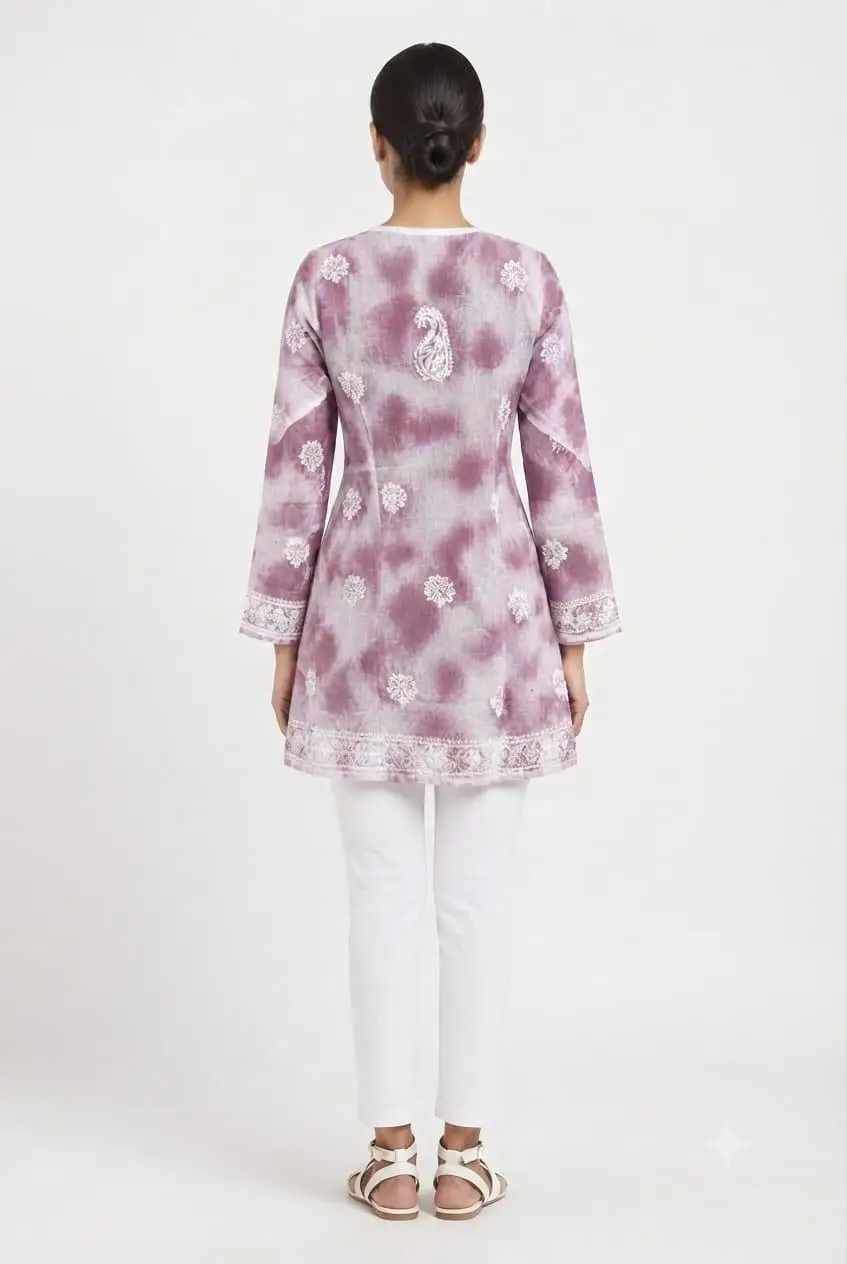 CHIKAN EMBROIDERY MAL COTTON FROCK STYLE TOP - PURPLE view 3