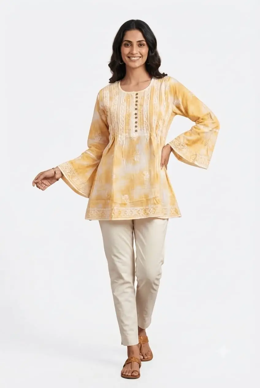 CHIKAN EMBROIDERY MAL COTTON FROCK STYLE TOP - YELLOW