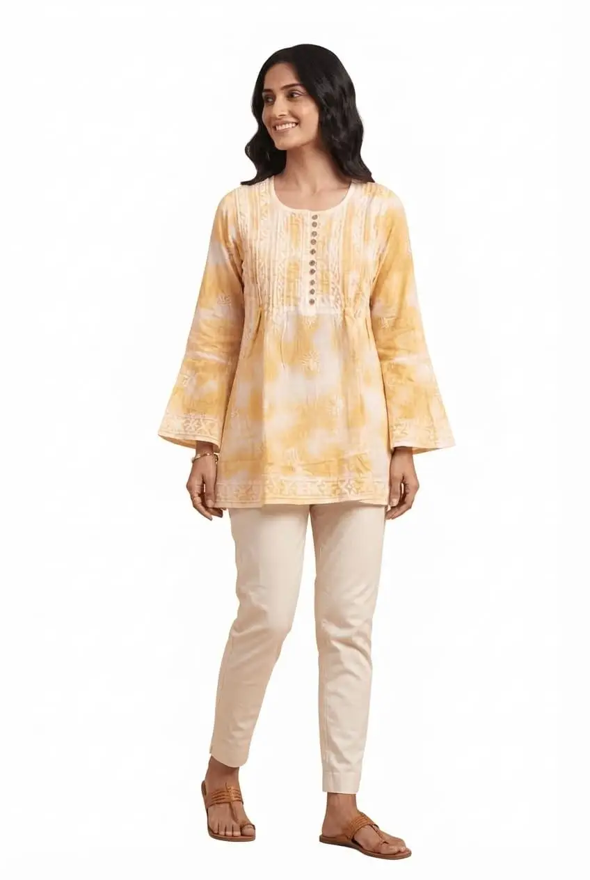 CHIKAN EMBROIDERY MAL COTTON FROCK STYLE TOP - YELLOW view 2
