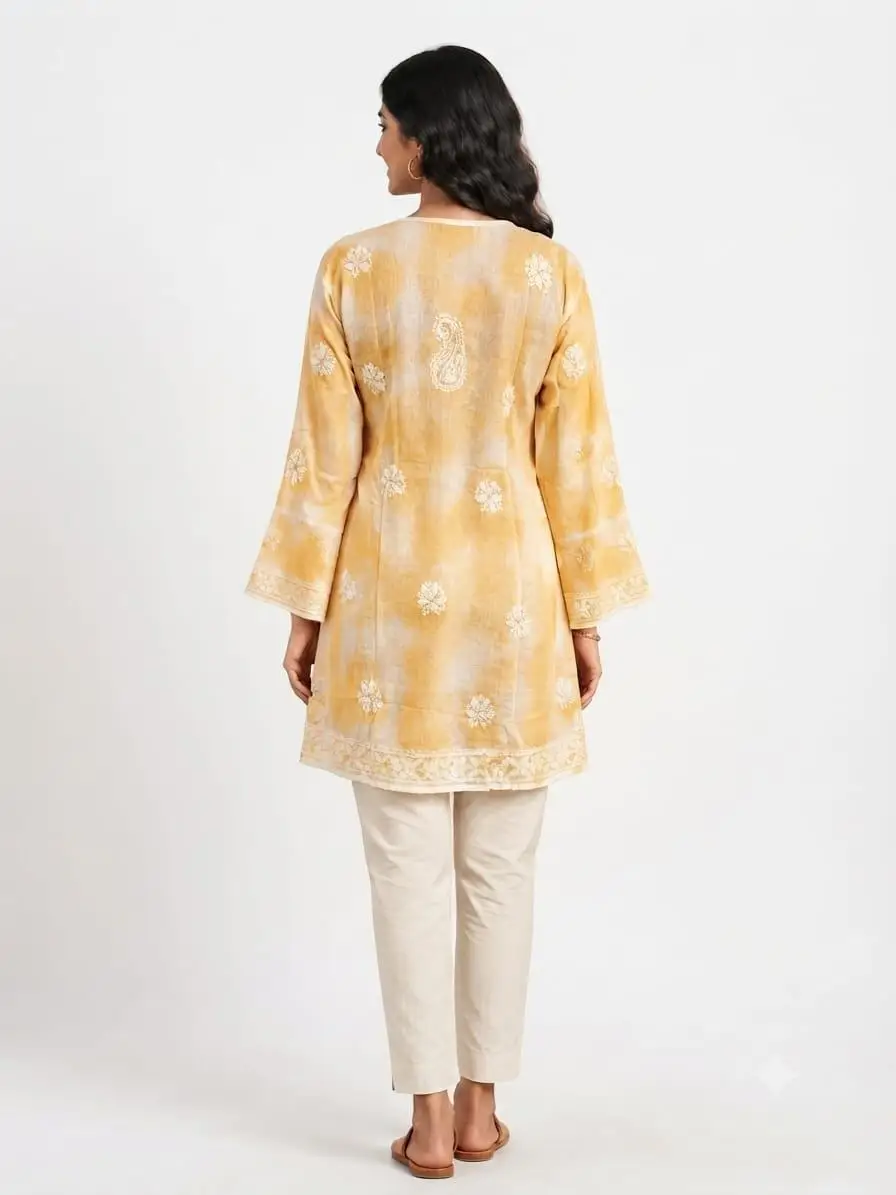 CHIKAN EMBROIDERY MAL COTTON FROCK STYLE TOP - YELLOW view 3