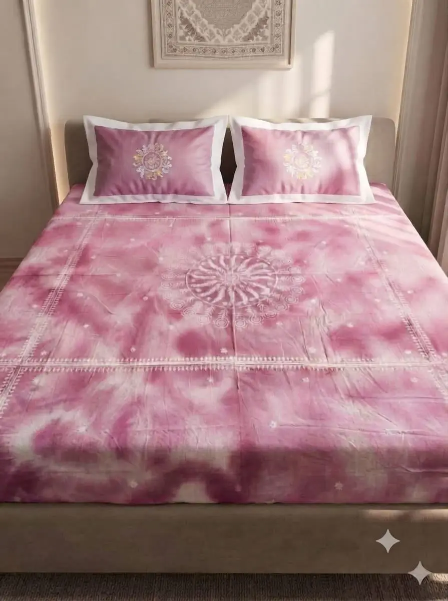 LCF CHIKAN EMBROIDERY CENTURY COTTON BEDSHEET - PINK