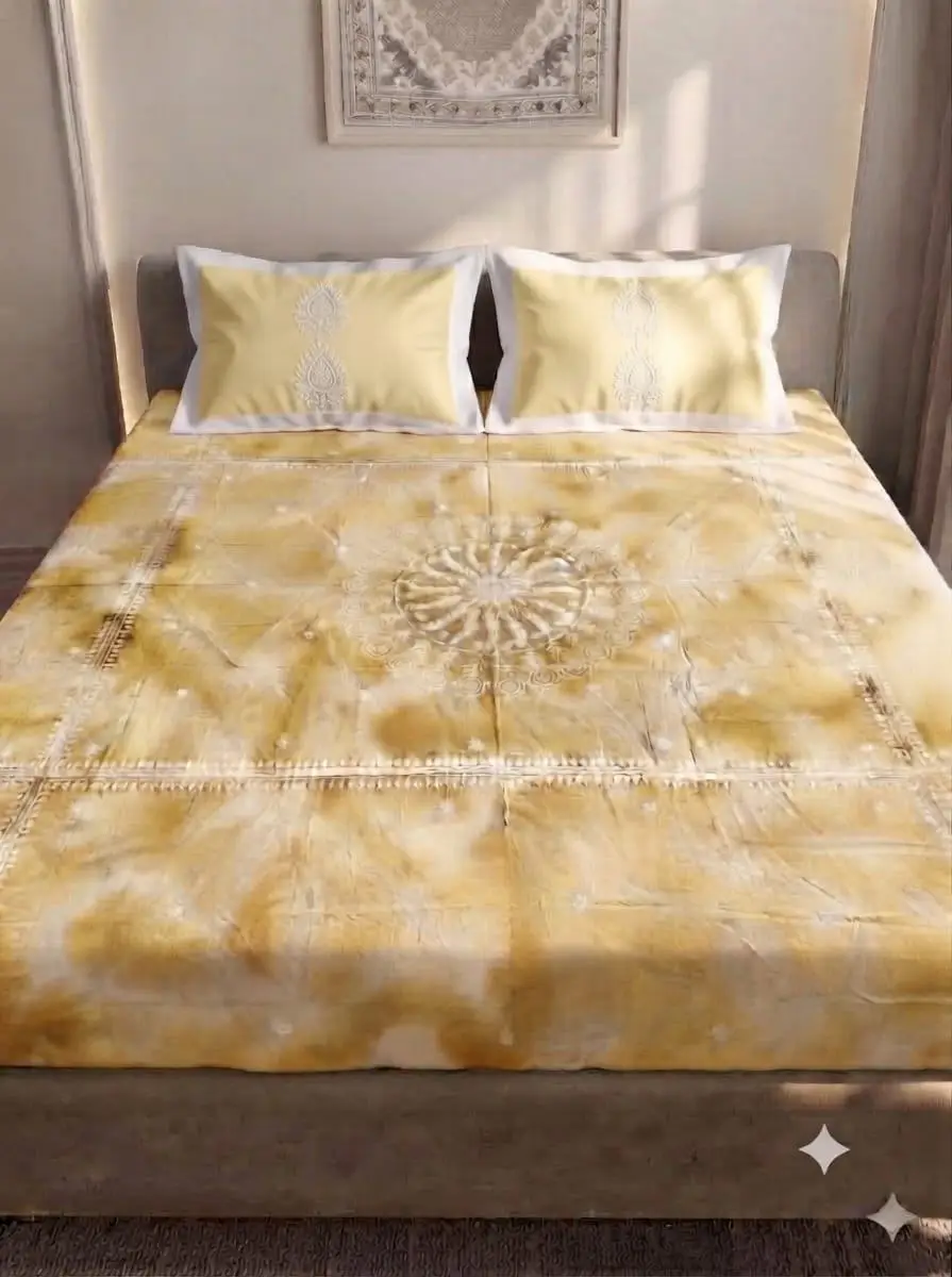 LCF CHIKAN EMBROIDERY CENTURY COTTON BEDSHEET - YELLOW