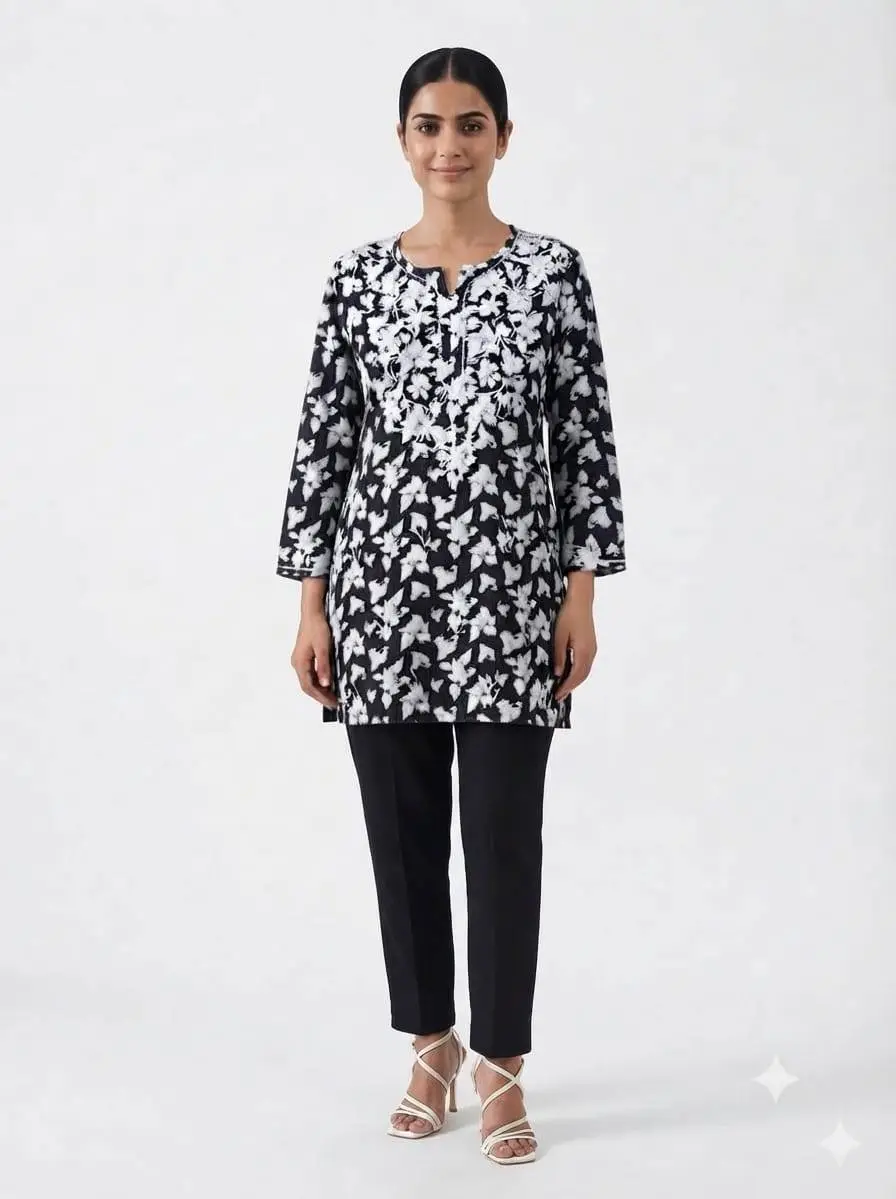 LCF CHIKAN EMBROIDERY PRINTED SHORT TOP - BLACK