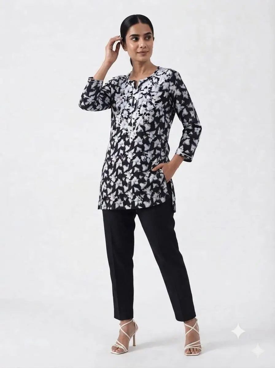 LCF CHIKAN EMBROIDERY PRINTED SHORT TOP - BLACK view 2