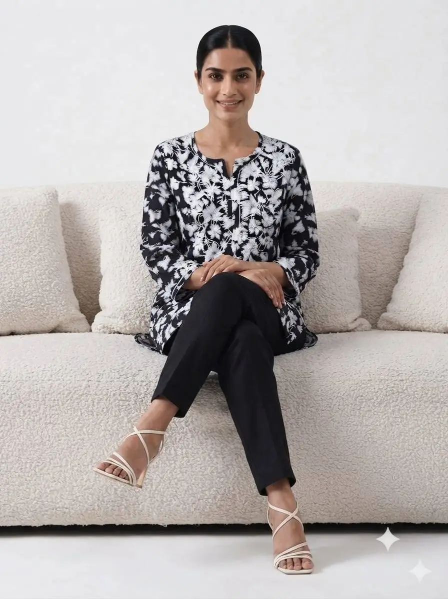LCF CHIKAN EMBROIDERY PRINTED SHORT TOP - BLACK view 4