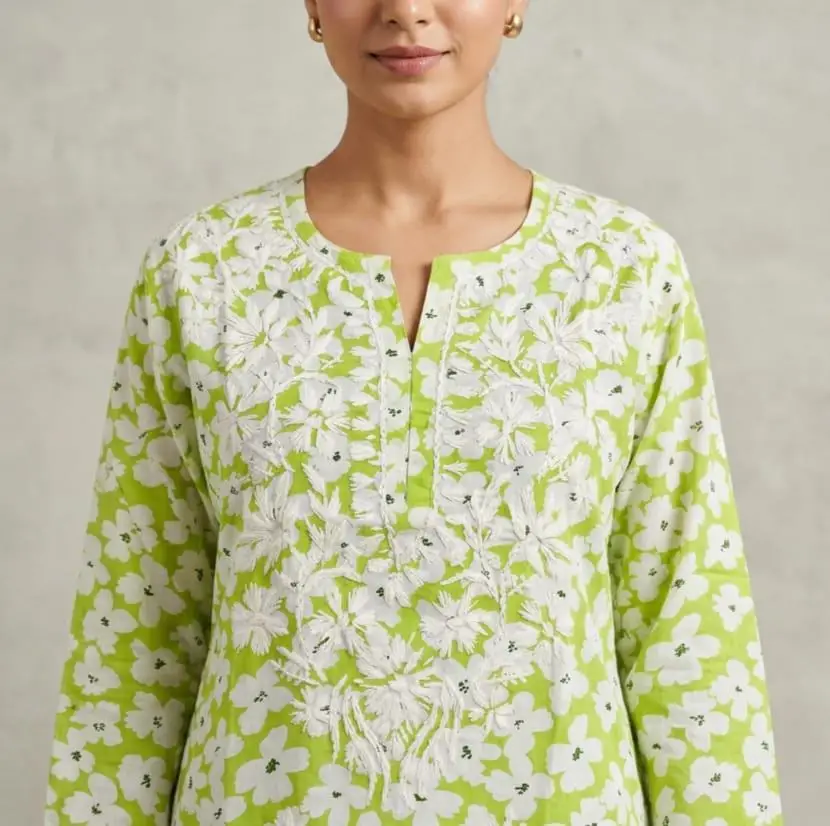 LCF CHIKAN EMBROIDERY PRINTED SHORT TOP - GREEN view 2