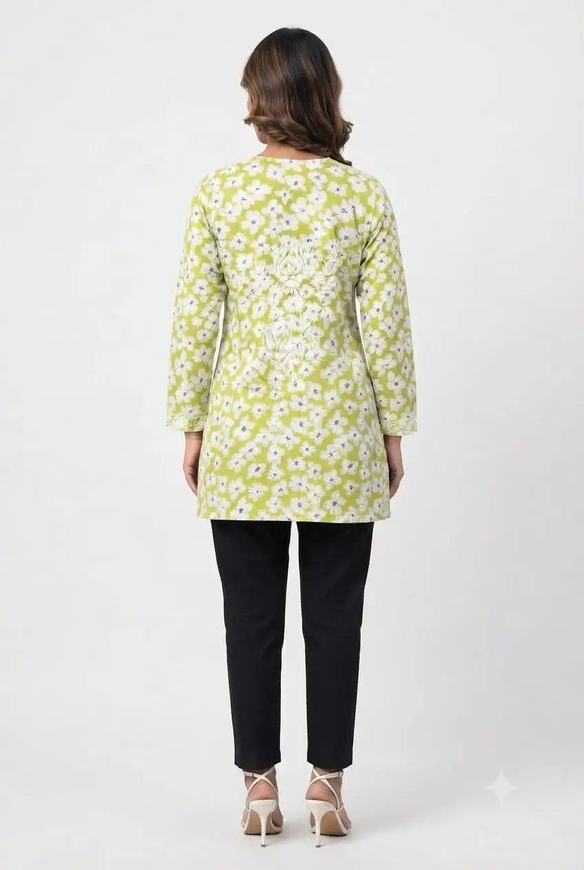 LCF CHIKAN EMBROIDERY PRINTED SHORT TOP - GREEN view 4