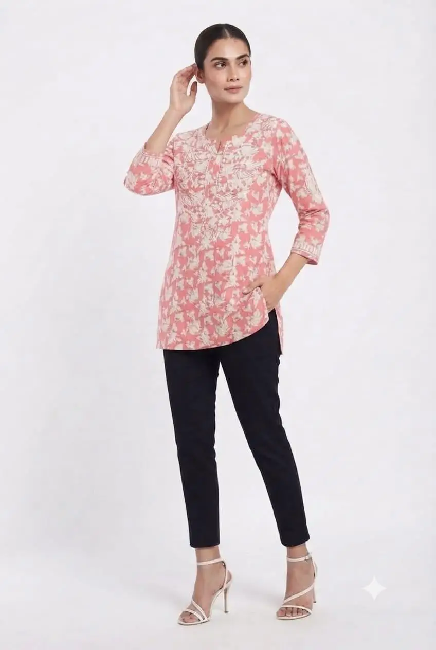 LCF CHIKAN EMBROIDERY PRINTED SHORT TOP - PINK view 2