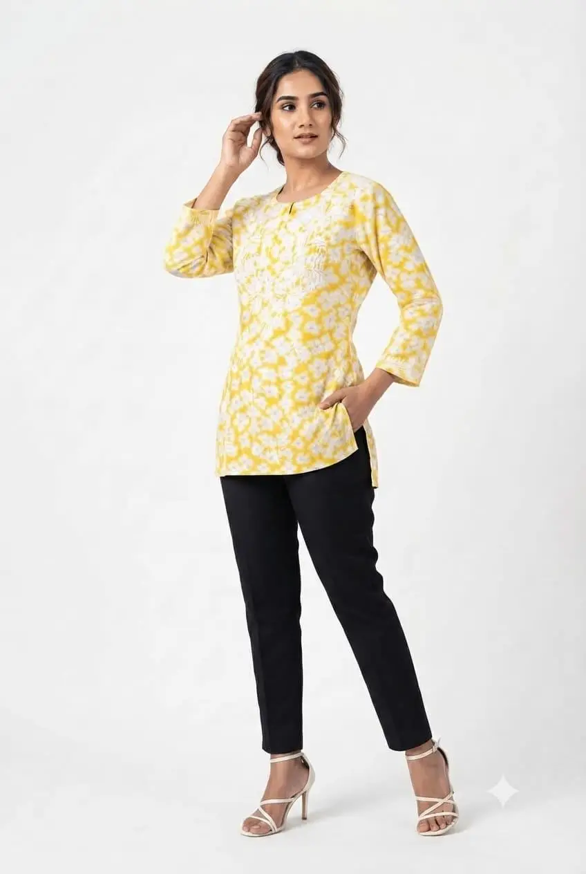 LCF CHIKAN EMBROIDERY PRINTED SHORT TOP - YELLOW view 2