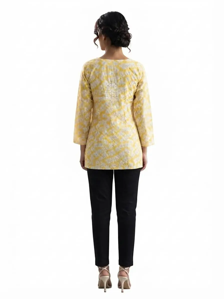 LCF CHIKAN EMBROIDERY PRINTED SHORT TOP - YELLOW view 3