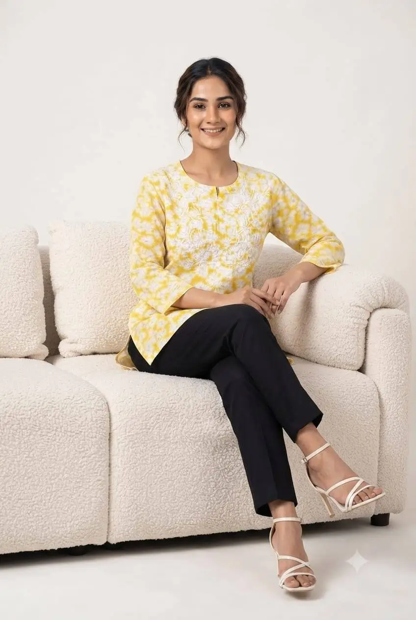 LCF CHIKAN EMBROIDERY PRINTED SHORT TOP - YELLOW view 4