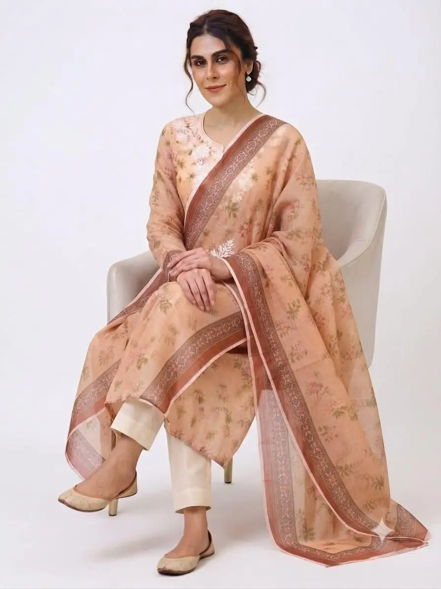 UNSTITCHED KOTA PRINTED DRESS MARTERIAL (KURTA & DUPPATA) - PEACH view 5