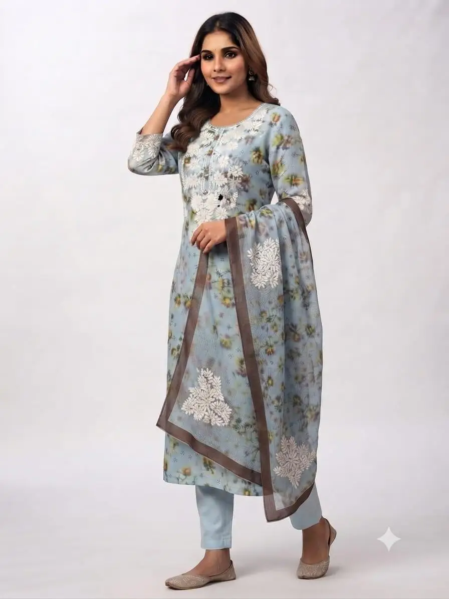 UNSTITCHED KOTA PRINTED DRESS MARTERIAL (KURTA & DUPPATA) - SKY BLUE view 3