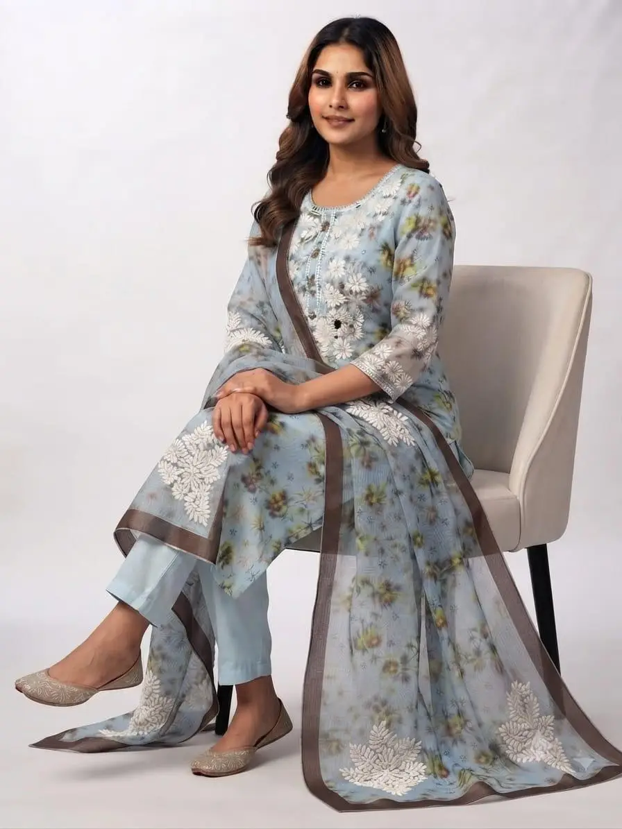 UNSTITCHED KOTA PRINTED DRESS MARTERIAL (KURTA & DUPPATA) - SKY BLUE view 5