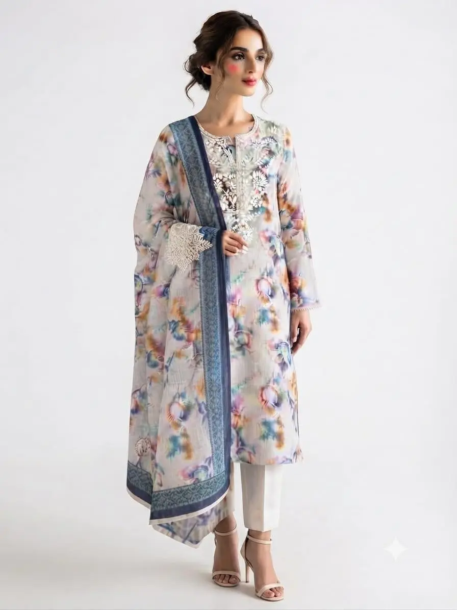 UNSTITCHED KOTA PRINTED DRESS MARTERIAL (KURTA & DUPPATA) - WHITE