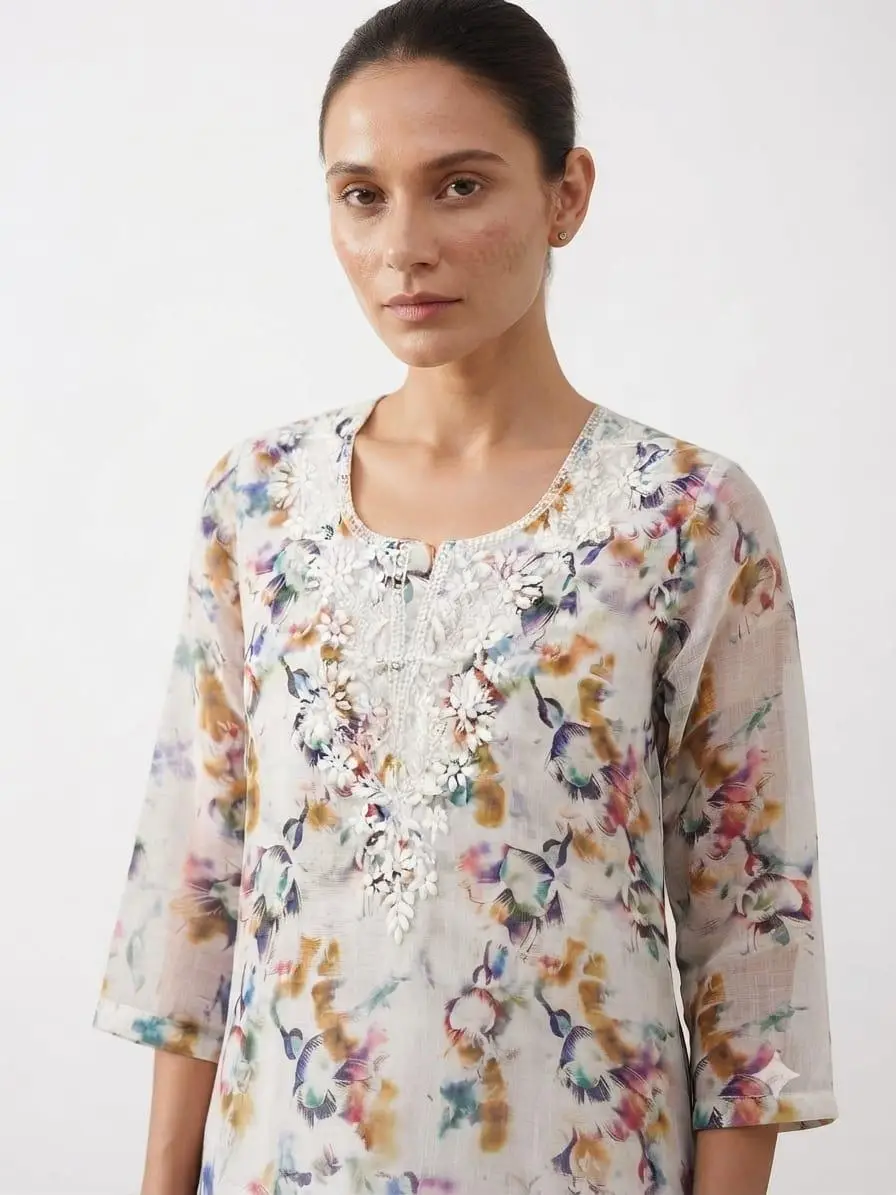 UNSTITCHED KOTA PRINTED DRESS MARTERIAL (KURTA & DUPPATA) - WHITE view 2