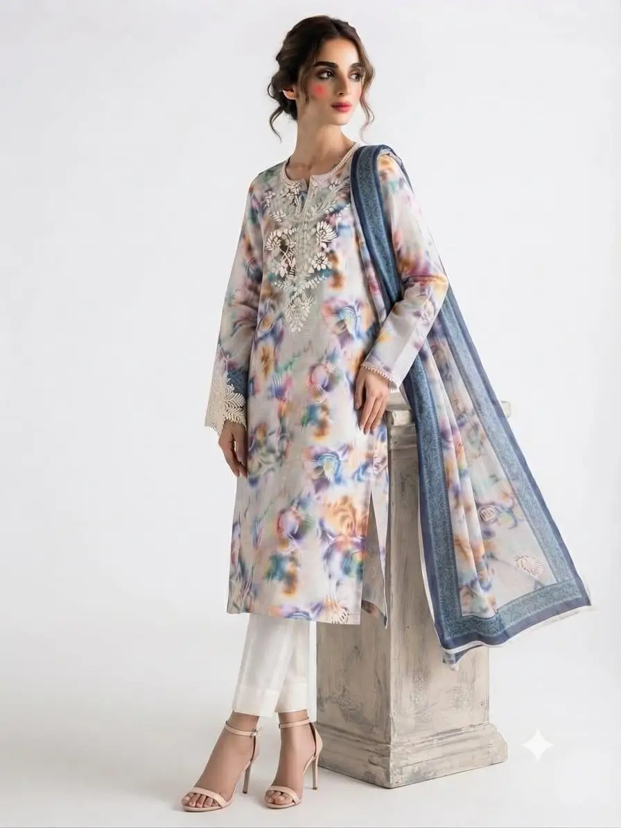 UNSTITCHED KOTA PRINTED DRESS MARTERIAL (KURTA & DUPPATA) - WHITE view 3