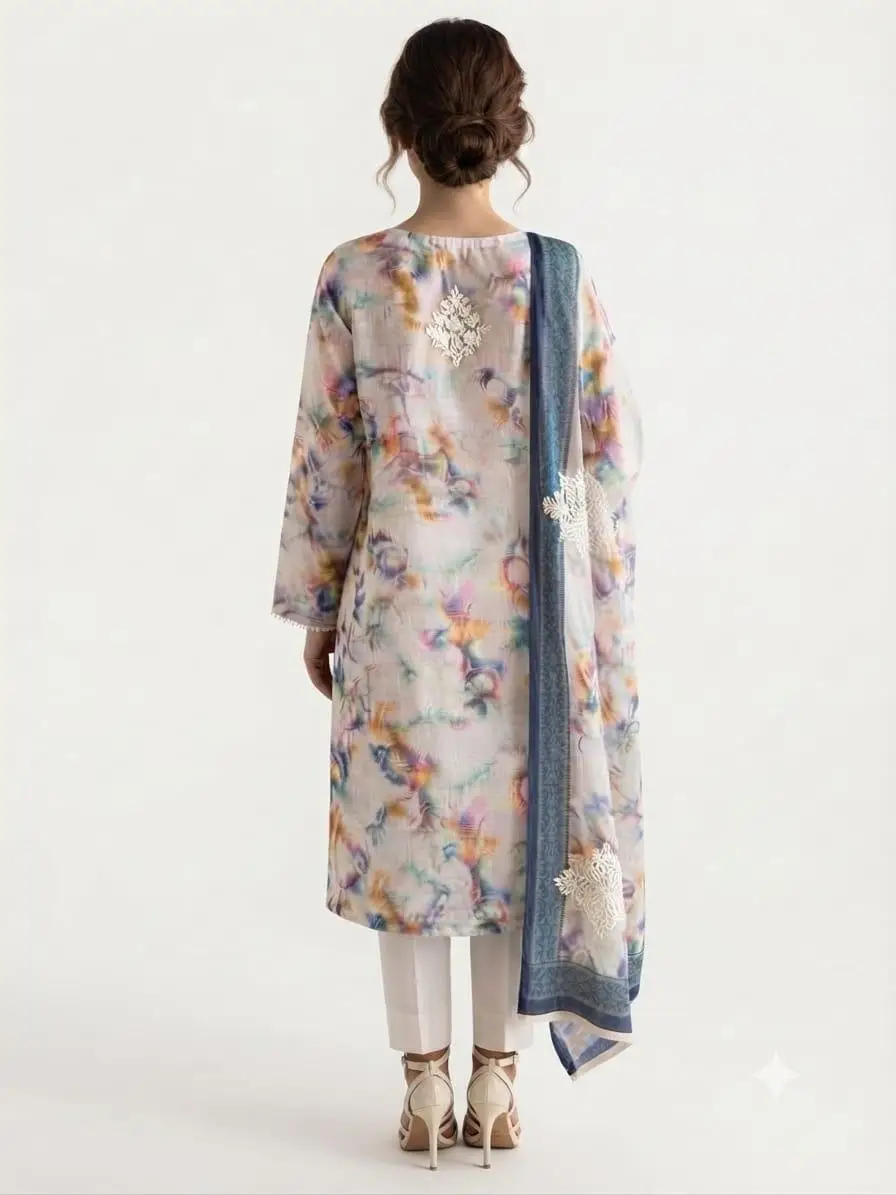 UNSTITCHED KOTA PRINTED DRESS MARTERIAL (KURTA & DUPPATA) - WHITE view 4