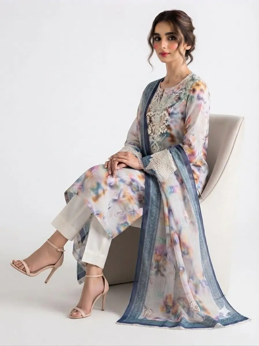 UNSTITCHED KOTA PRINTED DRESS MARTERIAL (KURTA & DUPPATA) - WHITE view 5