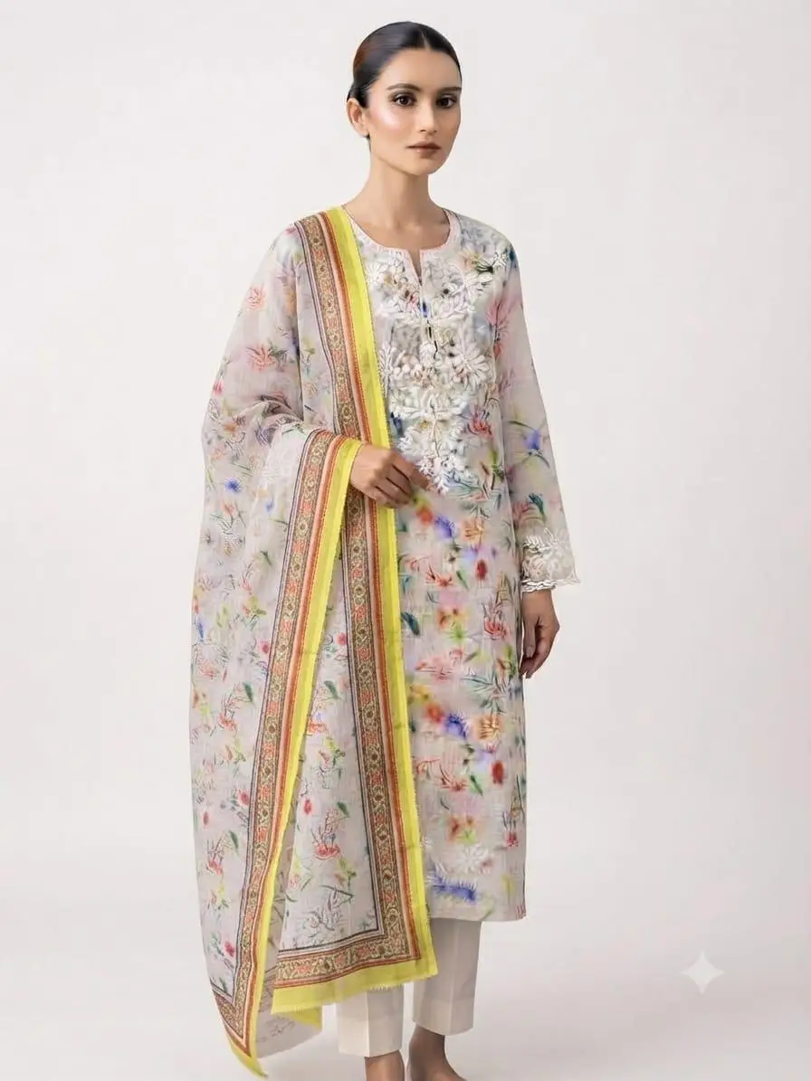 UNSTITCHED KOTA PRINTED DRESS MARTERIAL (KURTA & DUPPATA) - MULTI WHITE