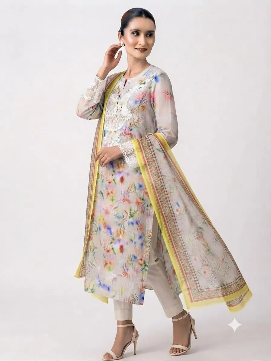 UNSTITCHED KOTA PRINTED DRESS MARTERIAL (KURTA & DUPPATA) - MULTI WHITE view 3