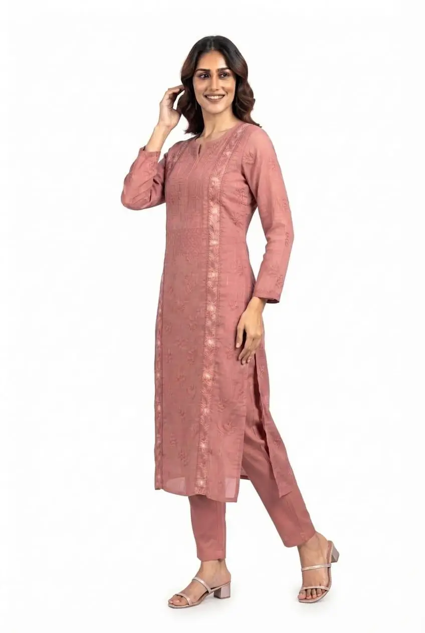 LCF CHIKAN EMBROIDERY MAL CHANDERI  LONG KURTI - DARK PEACH view 2