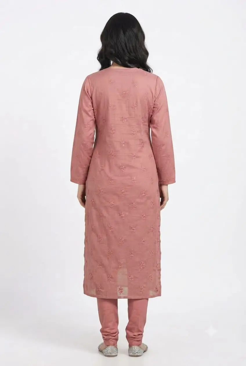 LCF CHIKAN EMBROIDERY MAL CHANDERI  LONG KURTI - DARK PEACH view 3