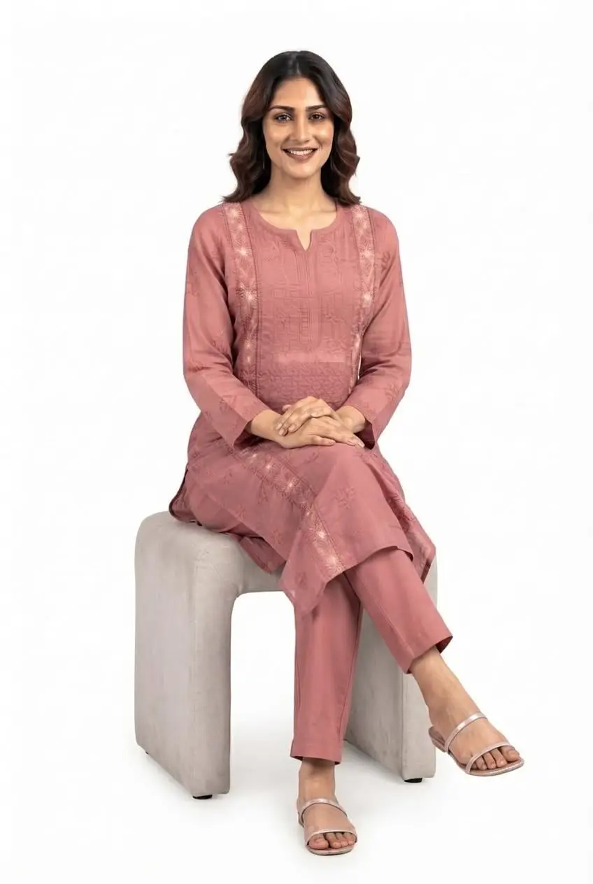 LCF CHIKAN EMBROIDERY MAL CHANDERI  LONG KURTI - DARK PEACH view 4