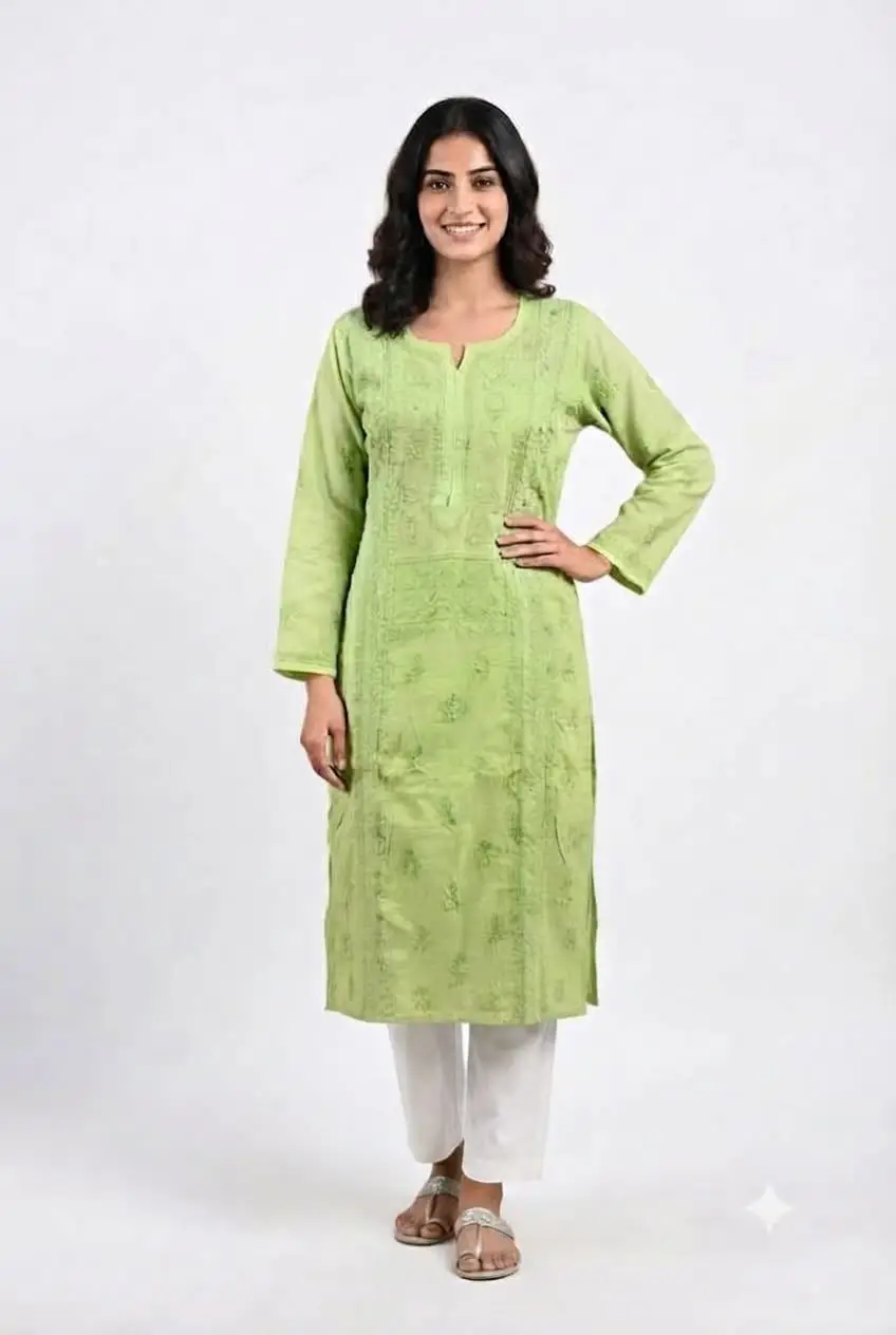 LCF CHIKAN EMBROIDERY MAL CHANDERI LONG KURTI - GREEN