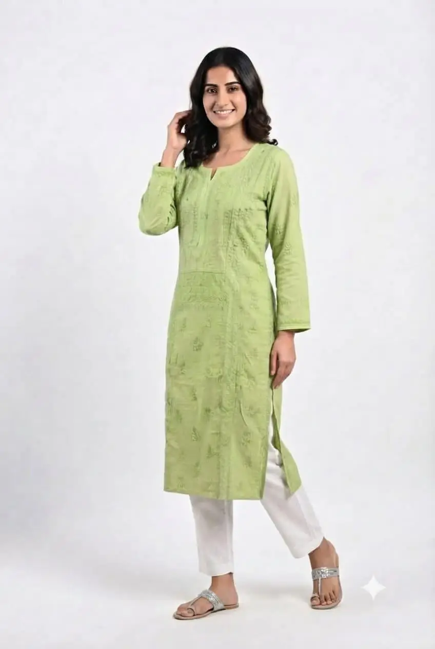 LCF CHIKAN EMBROIDERY MAL CHANDERI LONG KURTI - GREEN view 2