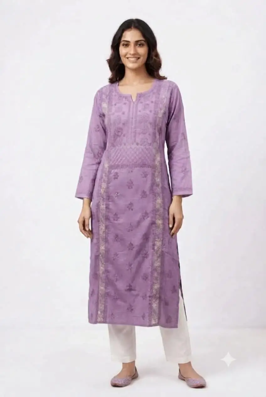LCF CHIKAN EMBROIDERY MAL CHANDERI LONG KURTI - LAVENDER