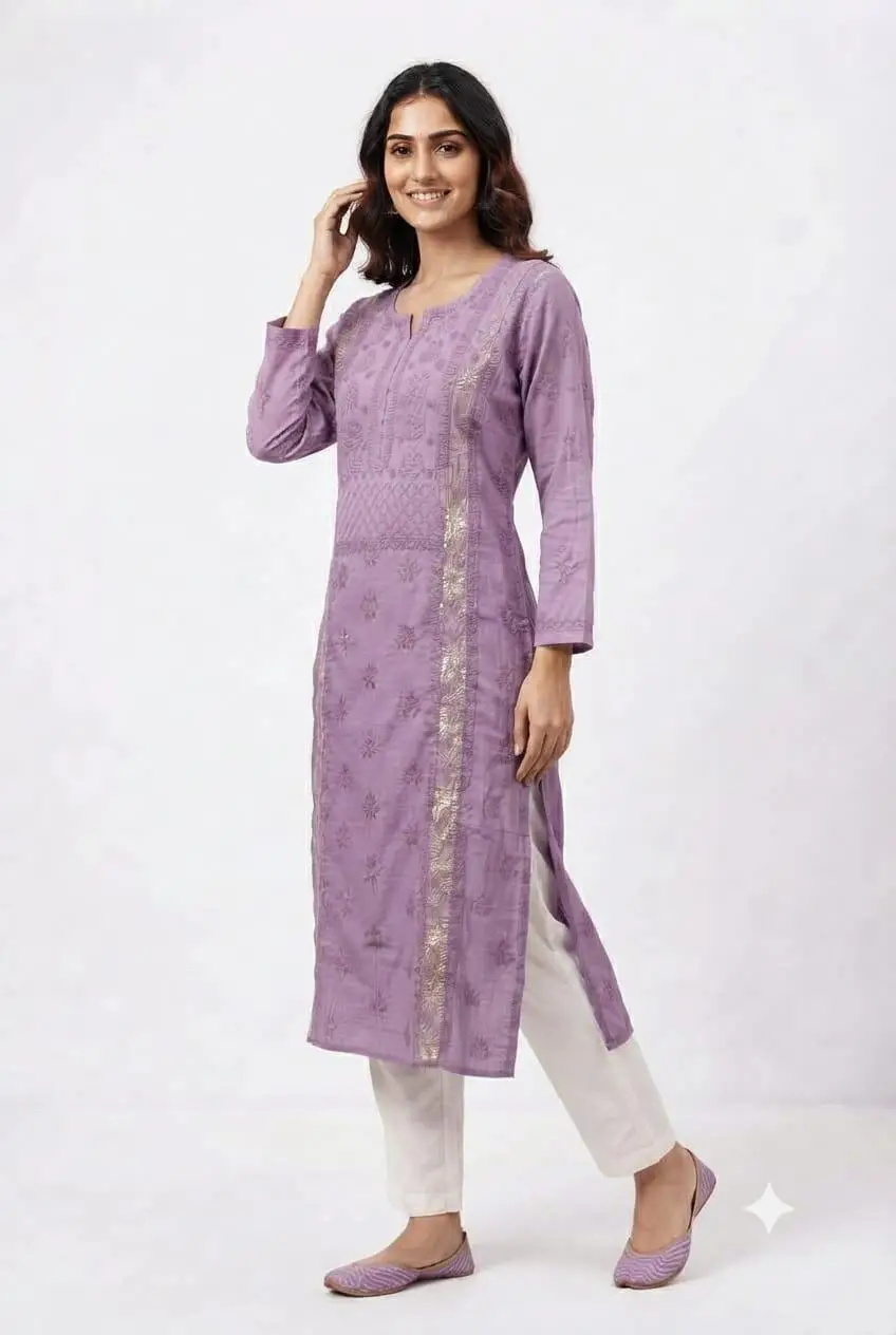 LCF CHIKAN EMBROIDERY MAL CHANDERI LONG KURTI - LAVENDER view 2