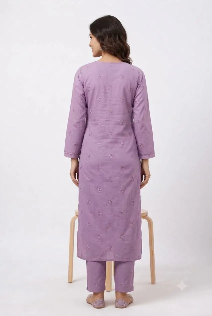 LCF CHIKAN EMBROIDERY MAL CHANDERI LONG KURTI - LAVENDER view 3