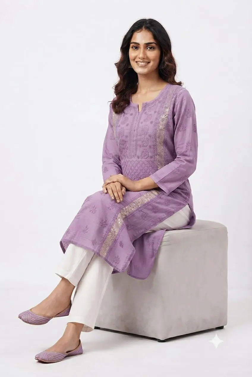 LCF CHIKAN EMBROIDERY MAL CHANDERI LONG KURTI - LAVENDER view 4