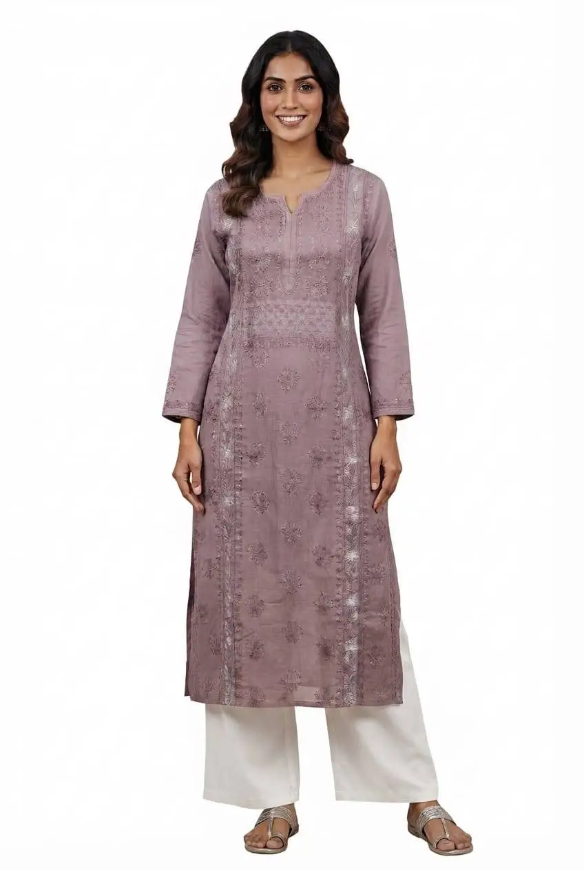 LCF CHIKAN EMBROIDERY MAL CHANDERI LONG KURTI - MAUVE DUSTY PURPLE