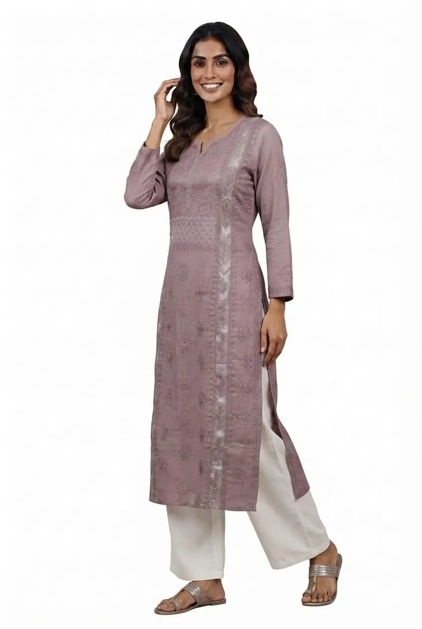 LCF CHIKAN EMBROIDERY MAL CHANDERI LONG KURTI - MAUVE DUSTY PURPLE view 2