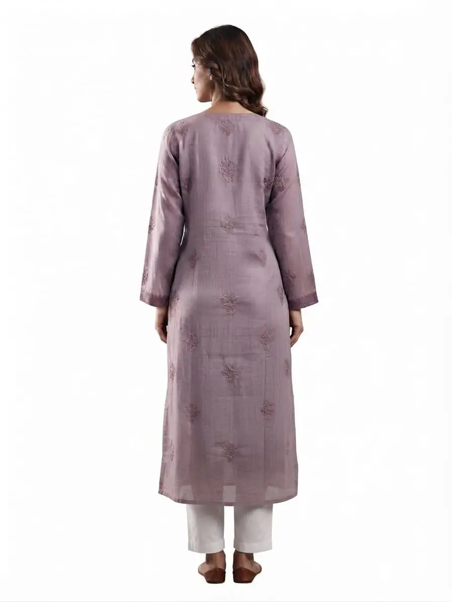 LCF CHIKAN EMBROIDERY MAL CHANDERI LONG KURTI - MAUVE DUSTY PURPLE view 3