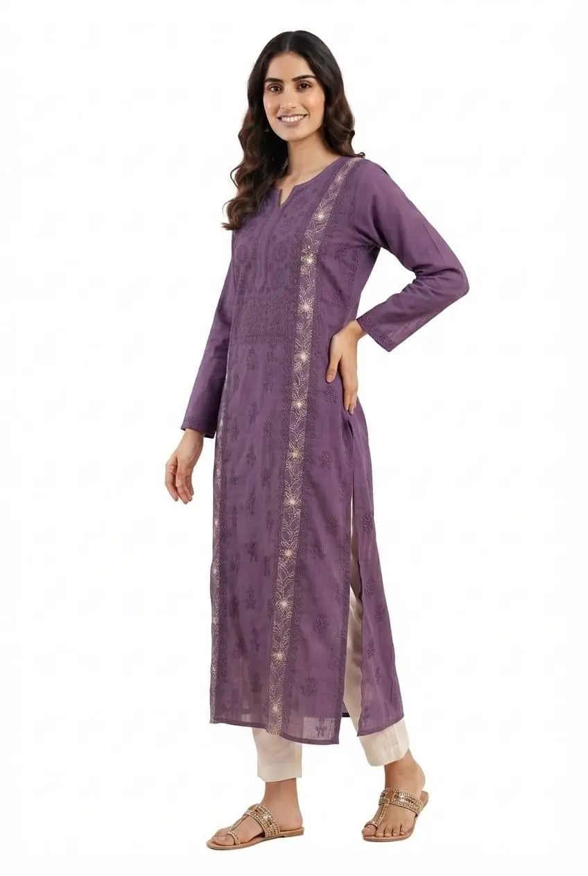 LCF CHIKAN EMBROIDERY MAL CHANDERI LONG KURTI - PURPLE view 2