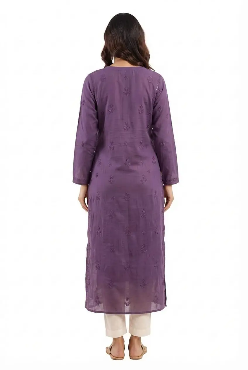 LCF CHIKAN EMBROIDERY MAL CHANDERI LONG KURTI - PURPLE view 3