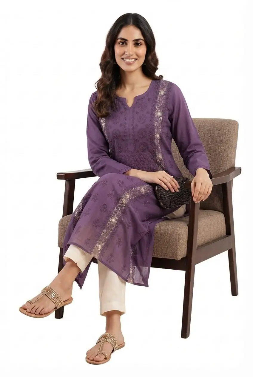 LCF CHIKAN EMBROIDERY MAL CHANDERI LONG KURTI - PURPLE view 4